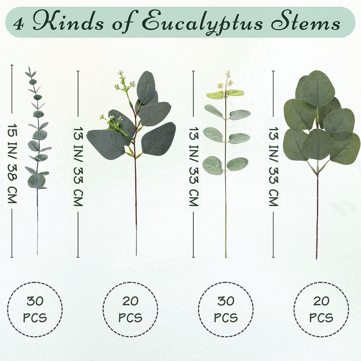 100 Pcs 4 Kinds Mixed Eucalyptus Stems Bulk, Artificial Silver Dollar Eucalyptus Leaves Bundle Faux Greenery Branches for Wedding Centerpiece Vase Bouquet Floral Arrangement Home Decor