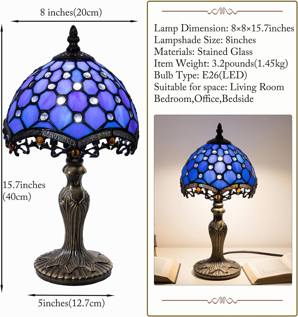 Small Tiffany Style 8 inch Blue Stained Glass Table Lamp