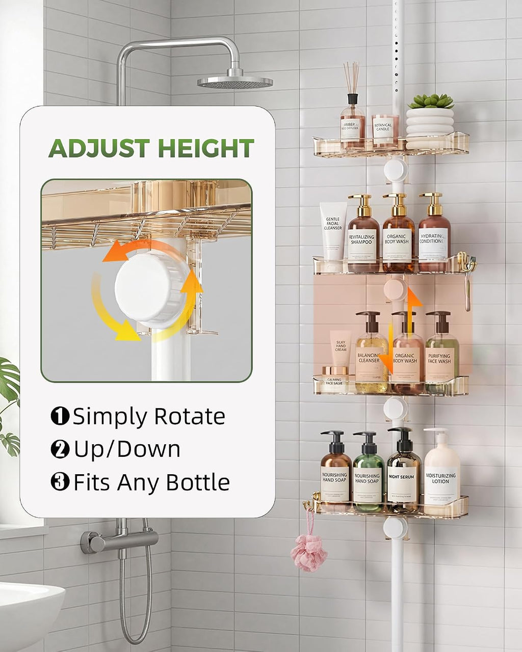 Shower Caddy Tension Pole, Bathroom Organizer Shelves, Amber