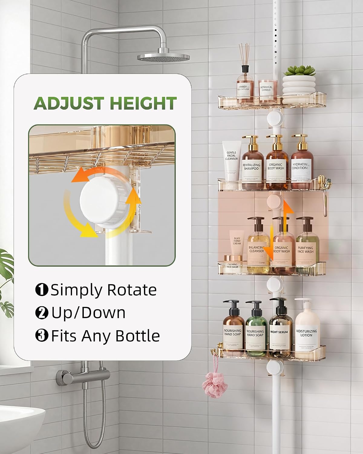 Shower Caddy Tension Pole, Bathroom Organizer Shelves, Amber
