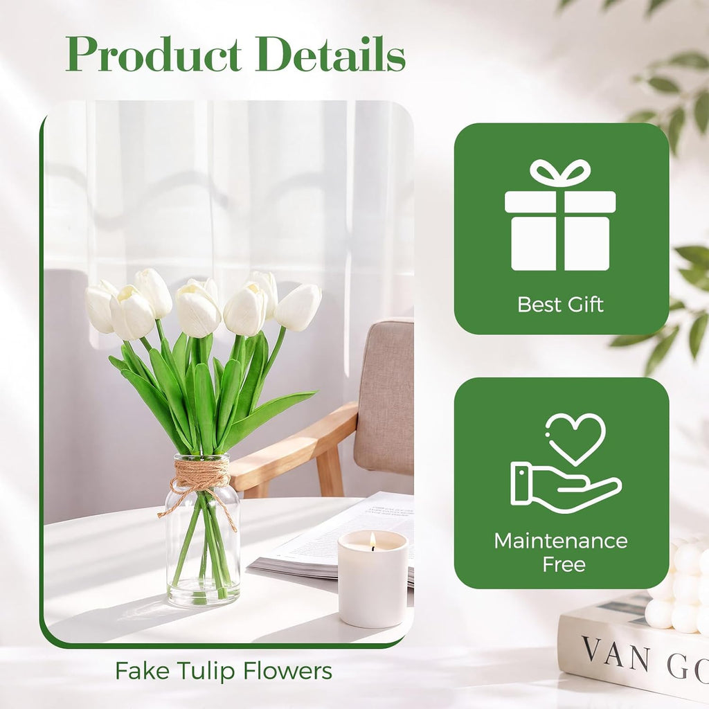 8Pcs White Tulips Artificial Flowers in Vase with Faux Water, Faux Tulips for Kitchen, Bathroom,Table, Desk, Centerpieces, Fake Flowers for Farmhouse Wedding Wall Room Decor（1 Pack）
