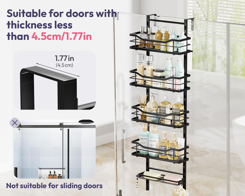 SWTYMIKI Over the Door Shower Caddy - 5 Tier Adjustable Shower Organizer Hanging with Soap Holder, No Drilling Stainless Steel Bathroom Rack Hanging for Body Wash, Shampoo, Soap, Razor, Black