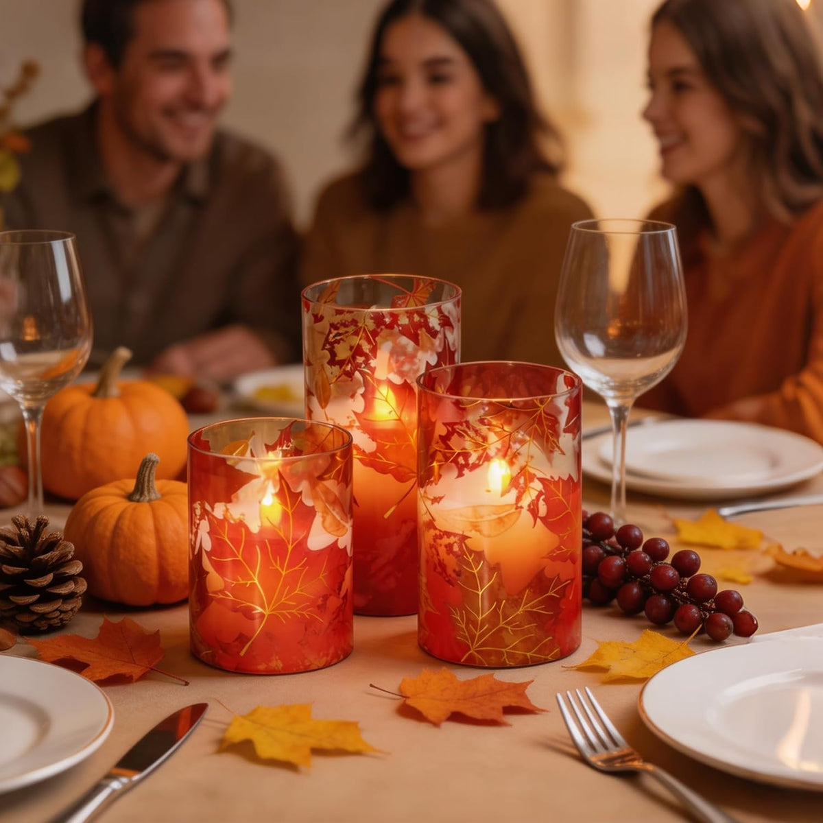Fall Flameless Candles, 3 Pack Glass Pillar Candles, Maple Leaf