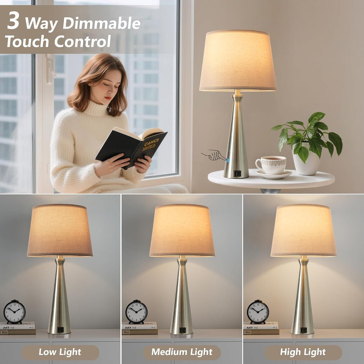 Seealle Touch Table Lamps for Living Room Set of 2（Grey Shade）