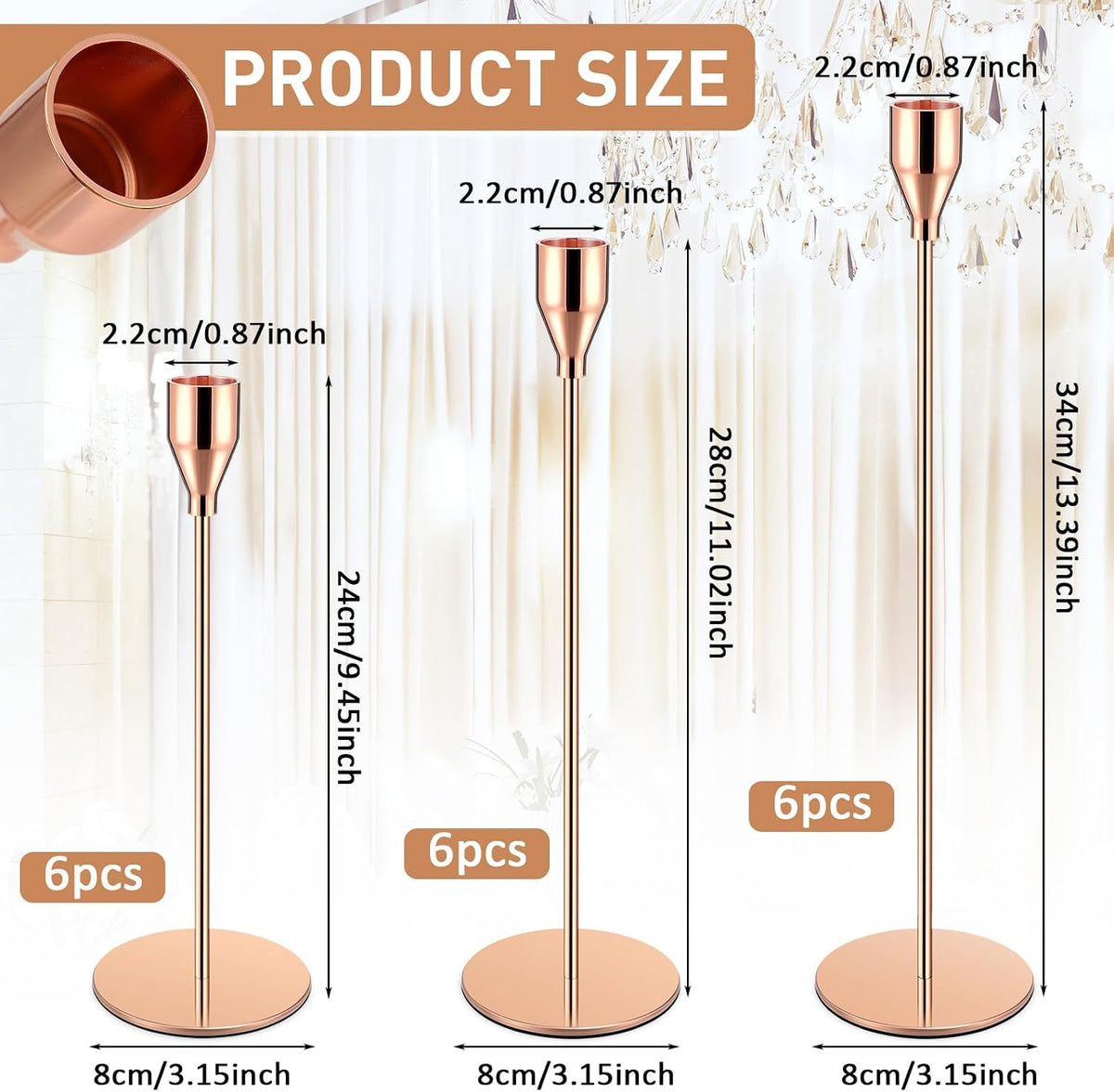 18 Pcs Rose Gold Tall Taper Candle Holders, 3 Sizes, Fits 3/4" Candles