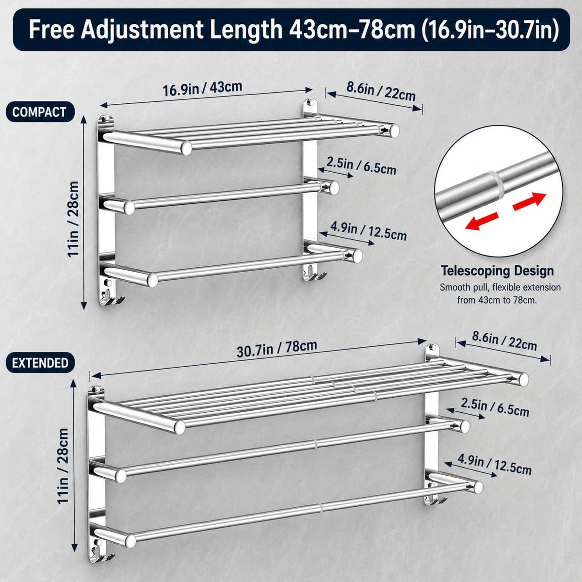 Adjustable Towel Rack for Bathroom Wall Mount 17-30.7inch