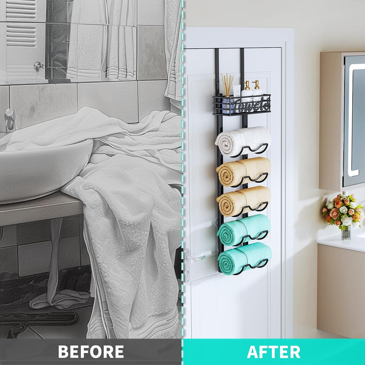 HapiRm Over The Door Towel Rack - 6 Tier Wall Mount Rolled Towel Holder Storage Organizer Shelf with Storage Basket for Small Bathroom, Rv, Camper - Black