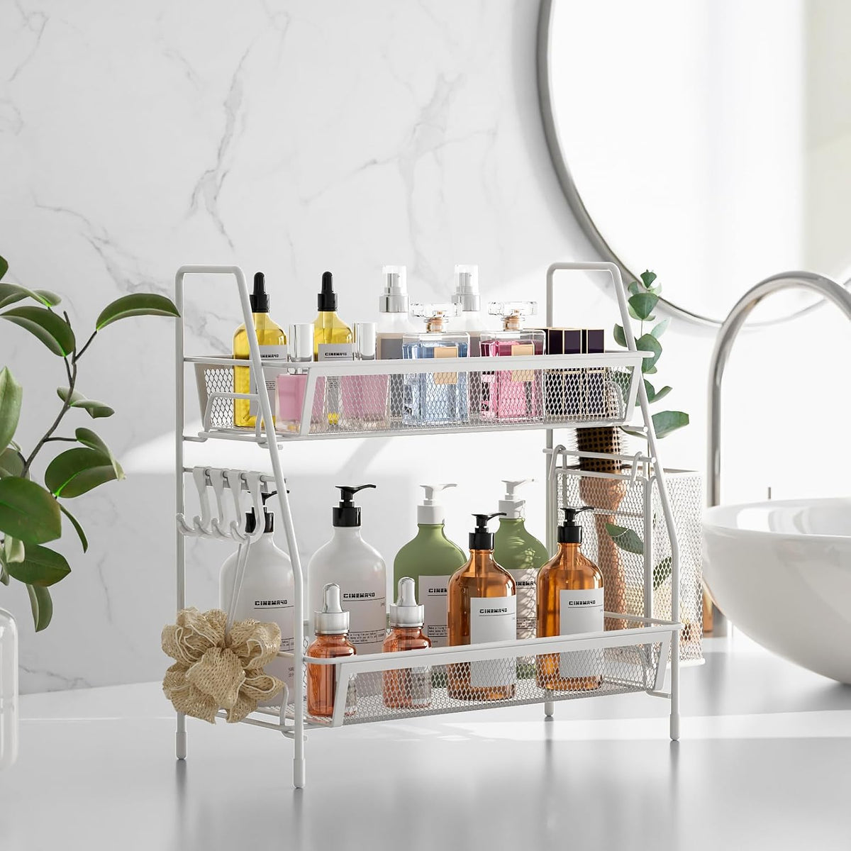 2 Tier Bathroom Countertop Organizer, Vanity Storage Shelf, Small, White