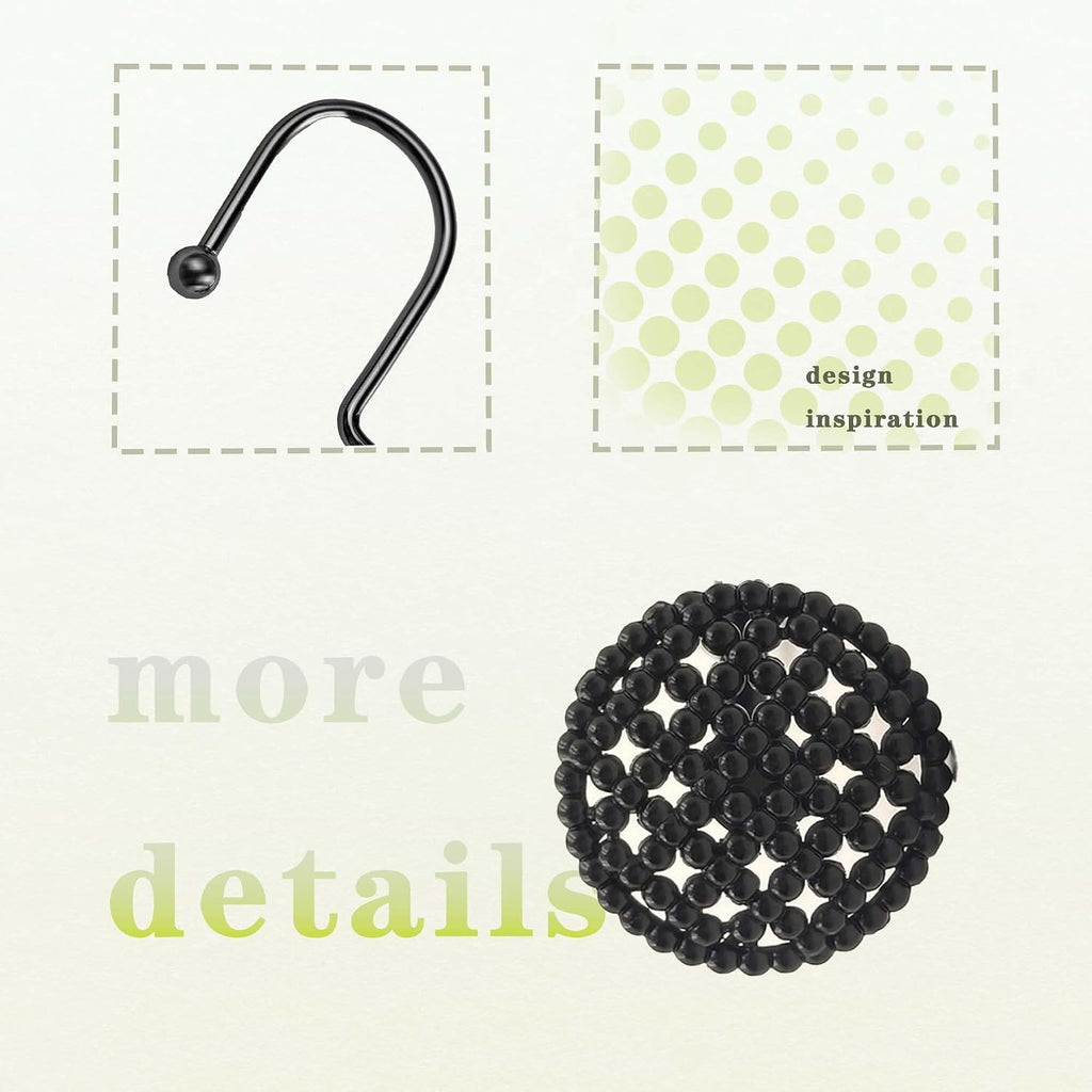 Black Shower Curtain Hooks, 12 Pack Modern 3D Beaded Decorative Shower Curtain Rings, Rust Proof Heavy Duty Metal Shower Hangers for Bathroom Rods