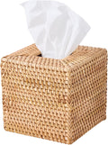 Hand-Woven Rattan Tissue Box Cover, Square Wicker Tissue Holder, Natural Woven Facial Napkin Holder