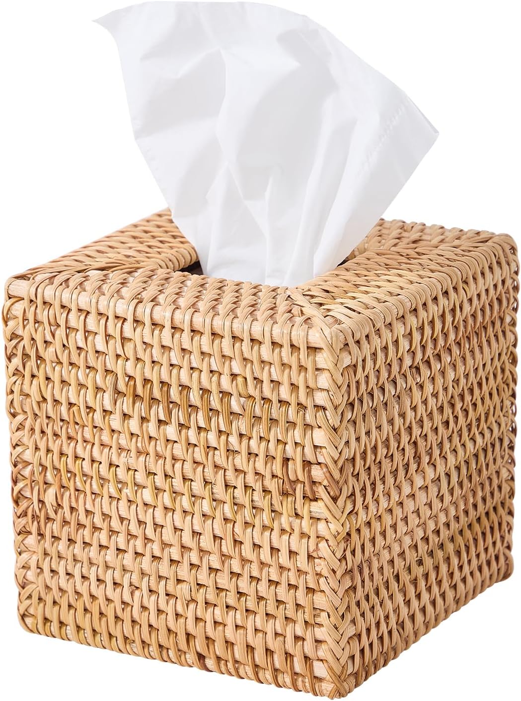 Hand-Woven Rattan Tissue Box Cover, Square Wicker Tissue Holder, Natural Woven Facial Napkin Holder