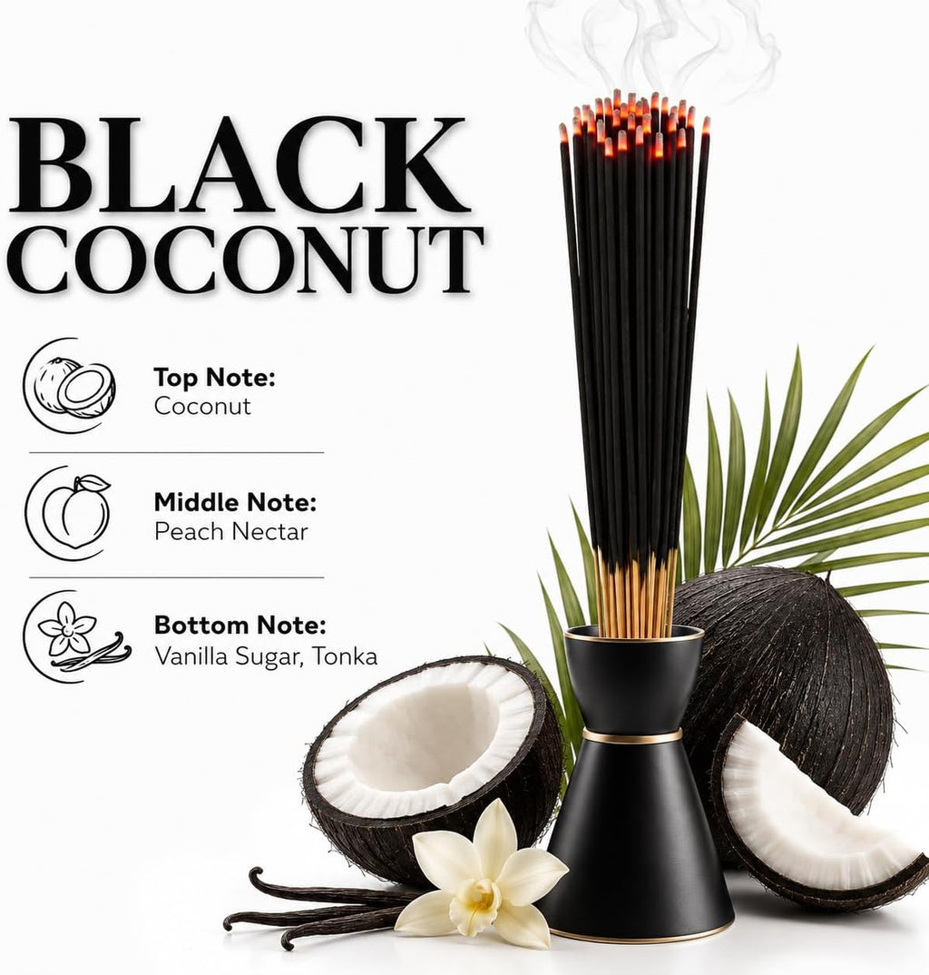 Black Coconut Exotic Incense Sticks 11 Inch - Bulk 1 Bundle 85 to 100 Sticks - Natural 11" Long Lasting Aroma that Burns for 45 to 60 Minutes.
