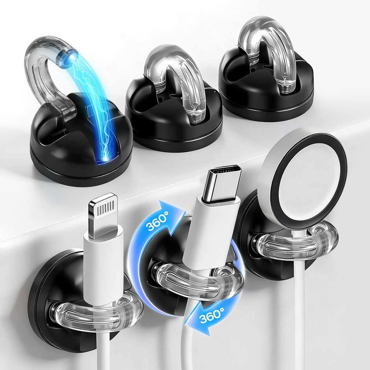 6 Pack 360° Rotatable Magnetic Cable Clips, Under Desk Cable Holder, Acrylic Adhesive Cord Holder, Wire Cord Organizer for Phone Charger Cords, Home Office Car Wall Desktop(Black)