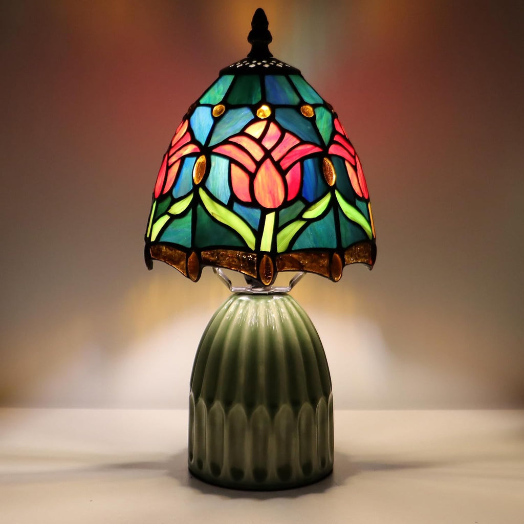 Tiffany Stained Glass Mushroom Table Lamp 12.5 Inch -Blue Red Tulips