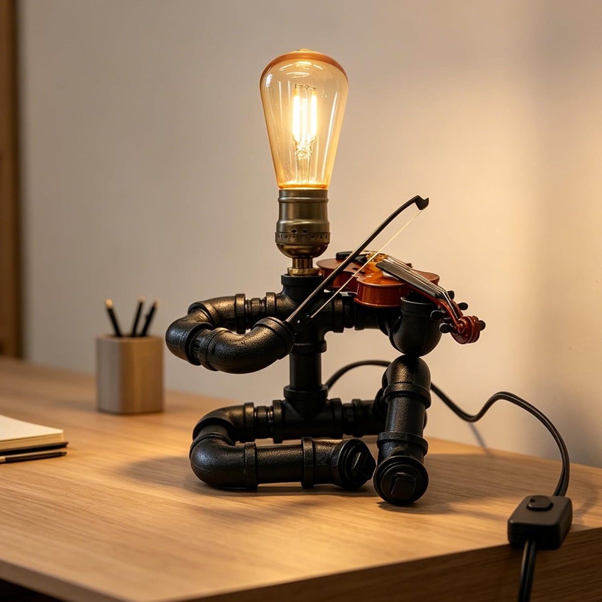 Industrial Pipe Violinist Table Lamp, Black Metal