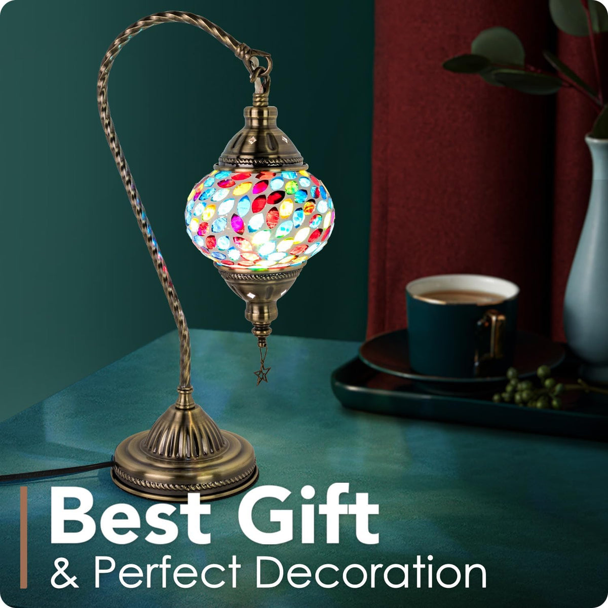 Yarra-Decor Turkish Moroccan Lamp with Bronze Base 3 Color Options Handmade Swan Neck Mosaic Glass Bedside Lamps for Bedroom (LED Bulb Included)(Colorful3)