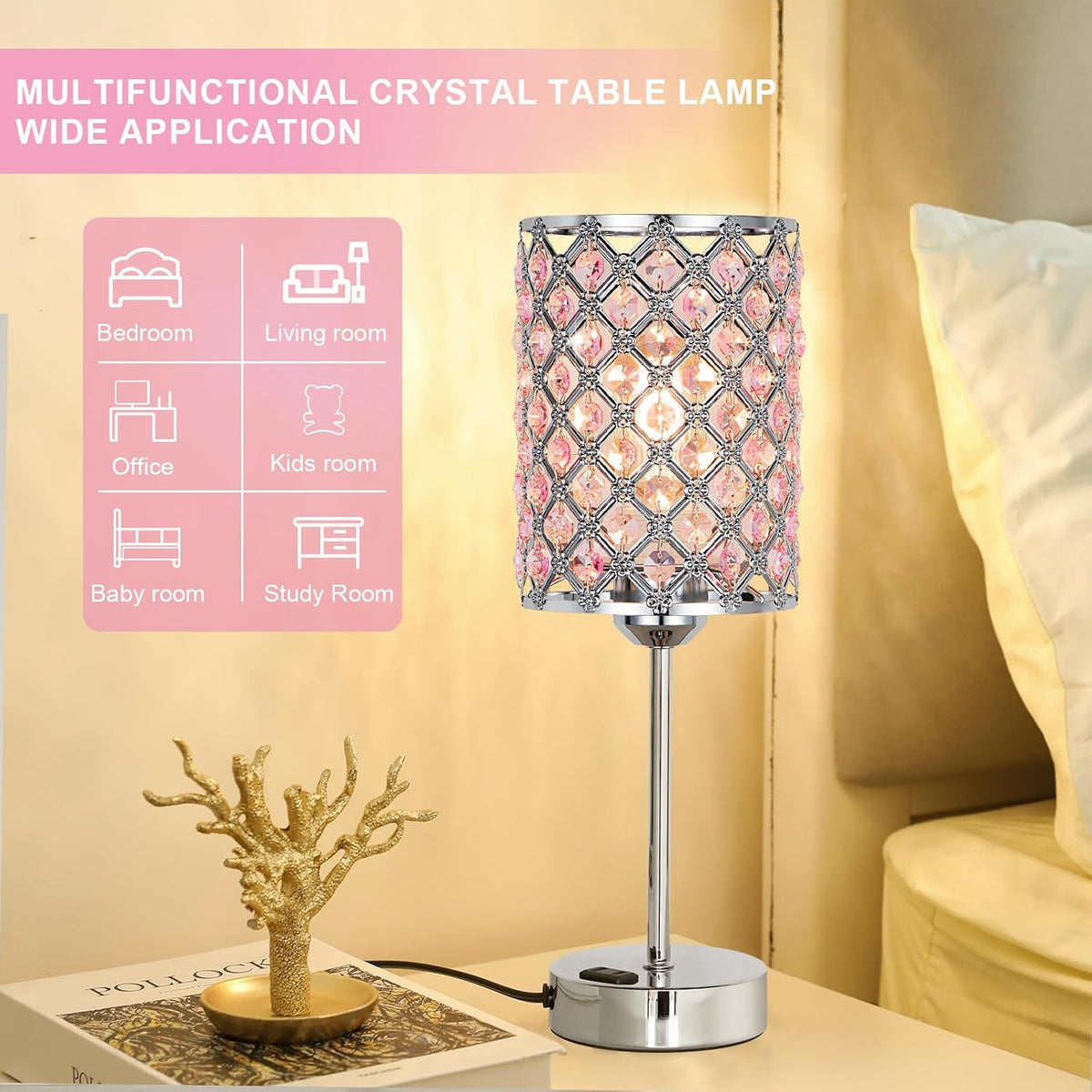 Peach Pink Bedside Lamps for Night Stands, Crystal Table Lamp for Bedroom