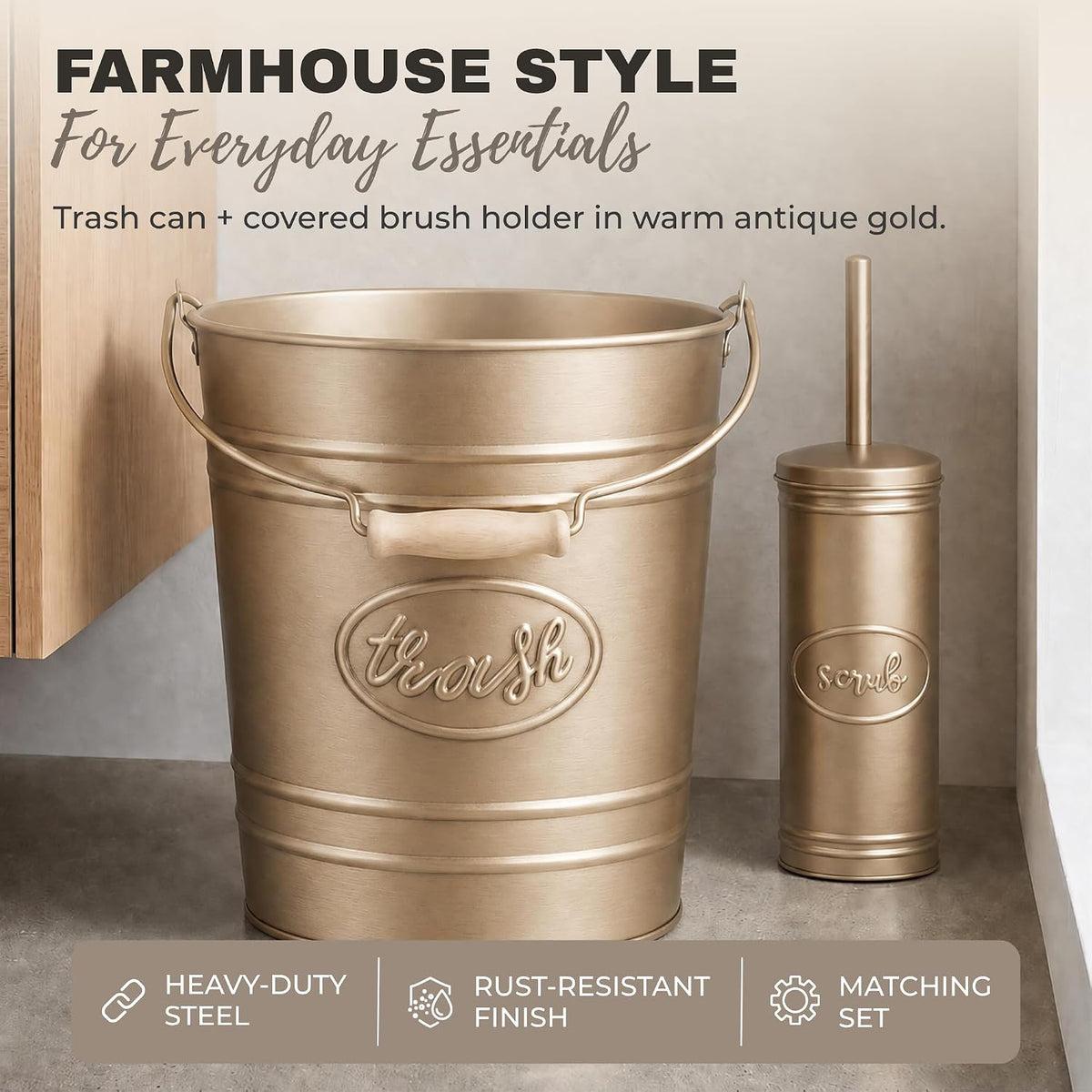 Autumn Alley Rustic Farmhouse Bathroom Trash Can and Toilet Brush Set - Rustic Bathroom Accessories for Charming Bathroom Décor, Antique Gold, 2 Gal. Capacity