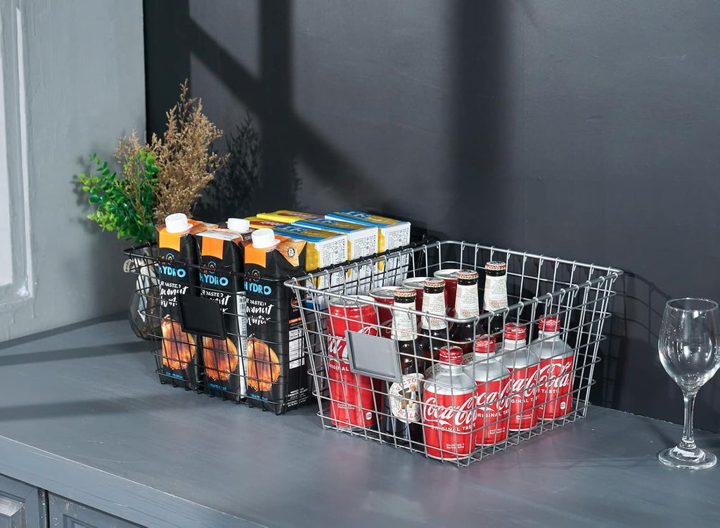JUNCHU CHERRY 4 Pack【Large】 Wire Handmade Storage Basket for Organizing Household Goods,Pantry Organization,Bathroom countertop,Laundry,Wardrobe Storage Basket,Black