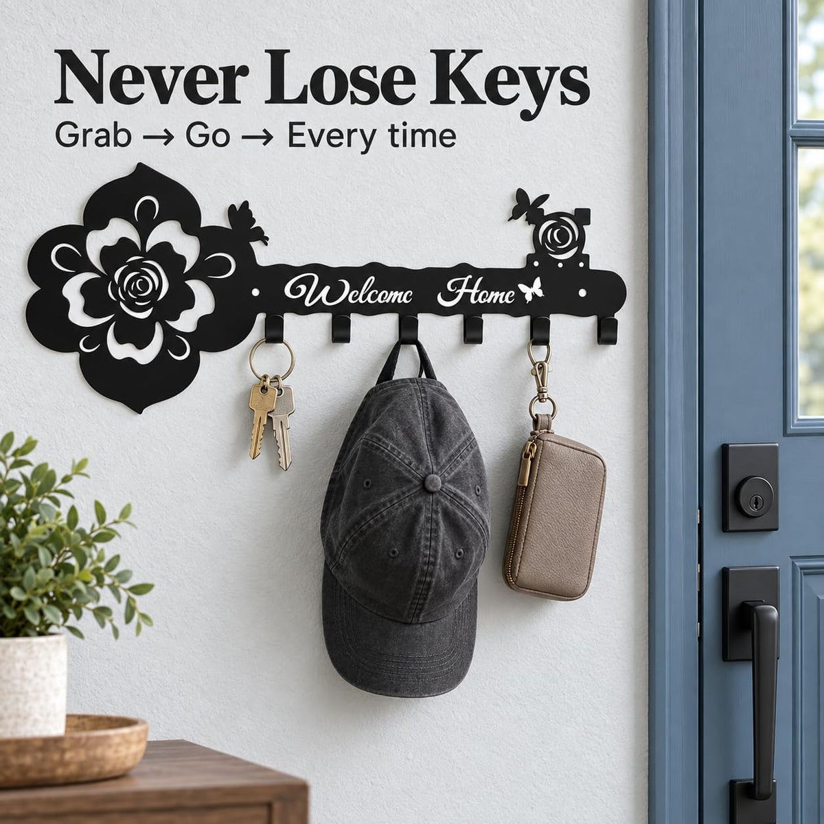 Deveosa Cute Small Metal Black Modern Entryway Hanging Key Hanger Rack Ring Keychain Holder On Wall Art Mount for Home Decor House Decorative Hooks