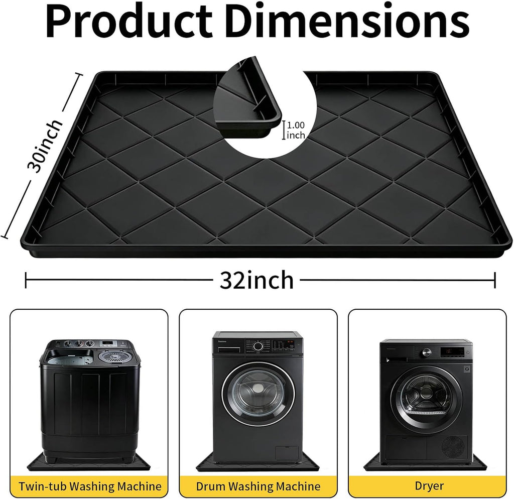 32" x 30" Foldable Washing Machine Drain Pan Silicone Mat,Black