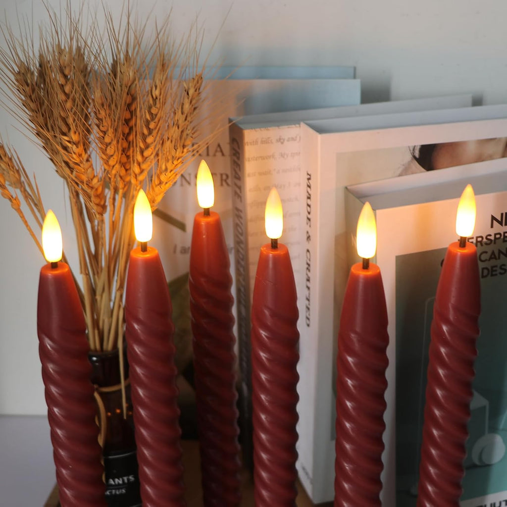 Red Flameless Taper Candles Flickering with Remote Timer