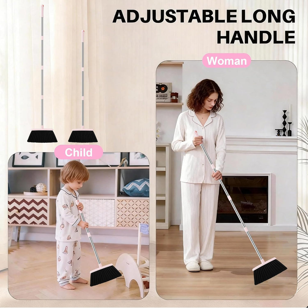 Pink Broom with Dustpan Combo Set, 52” Long Adjustable Handle