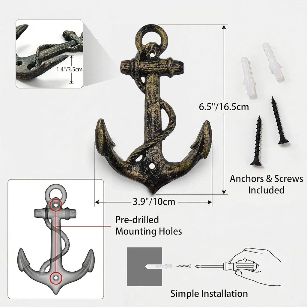 Nautical Anchor Hooks Antique Bronze Cast Iron Decorative Wall Hook, Treasures of The Caribbean Islands 1 Pack