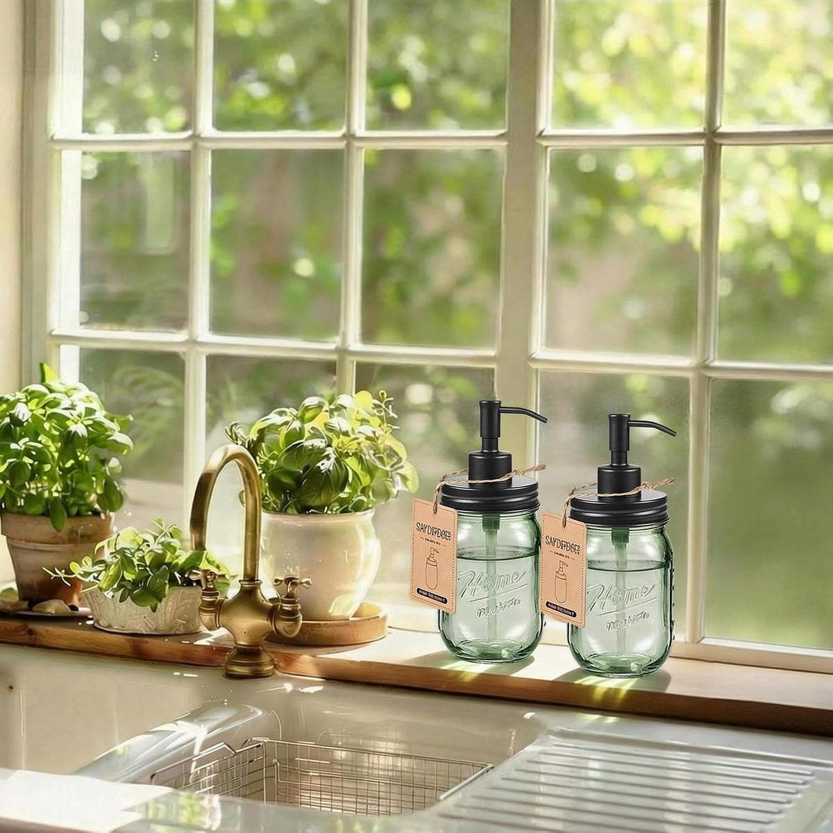 SheeChung Green Glass Mason Jar Liquid Soap Dispenser, 16oz, Black, 1 Pack