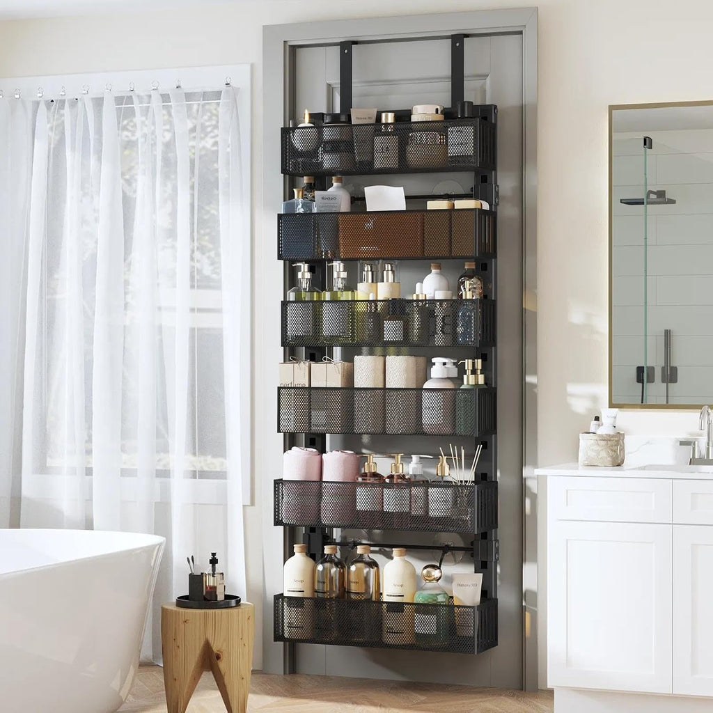 Over The Door Organizer, 6-Tier Heavy-Duty Metal Mesh Rack, Adjustable Large Baskets, 2-in-1 Hanging or Wall Mount Spice Rack, Behind The Door Organizer for Bedroom Closet Bathroom Pantry Kitchen