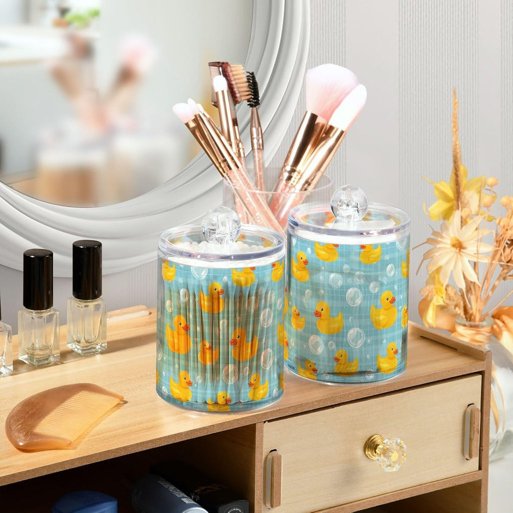 2 Pack Qtip Holder Dispenser Yellow Ducks Soap Bubbles Blue Apothecary Jars with Lids Dog Plastic Acrylic Bathroom Vanity Countertop Canister Storage Organizer for Cotton Ball,Swabs,Pads,Floss