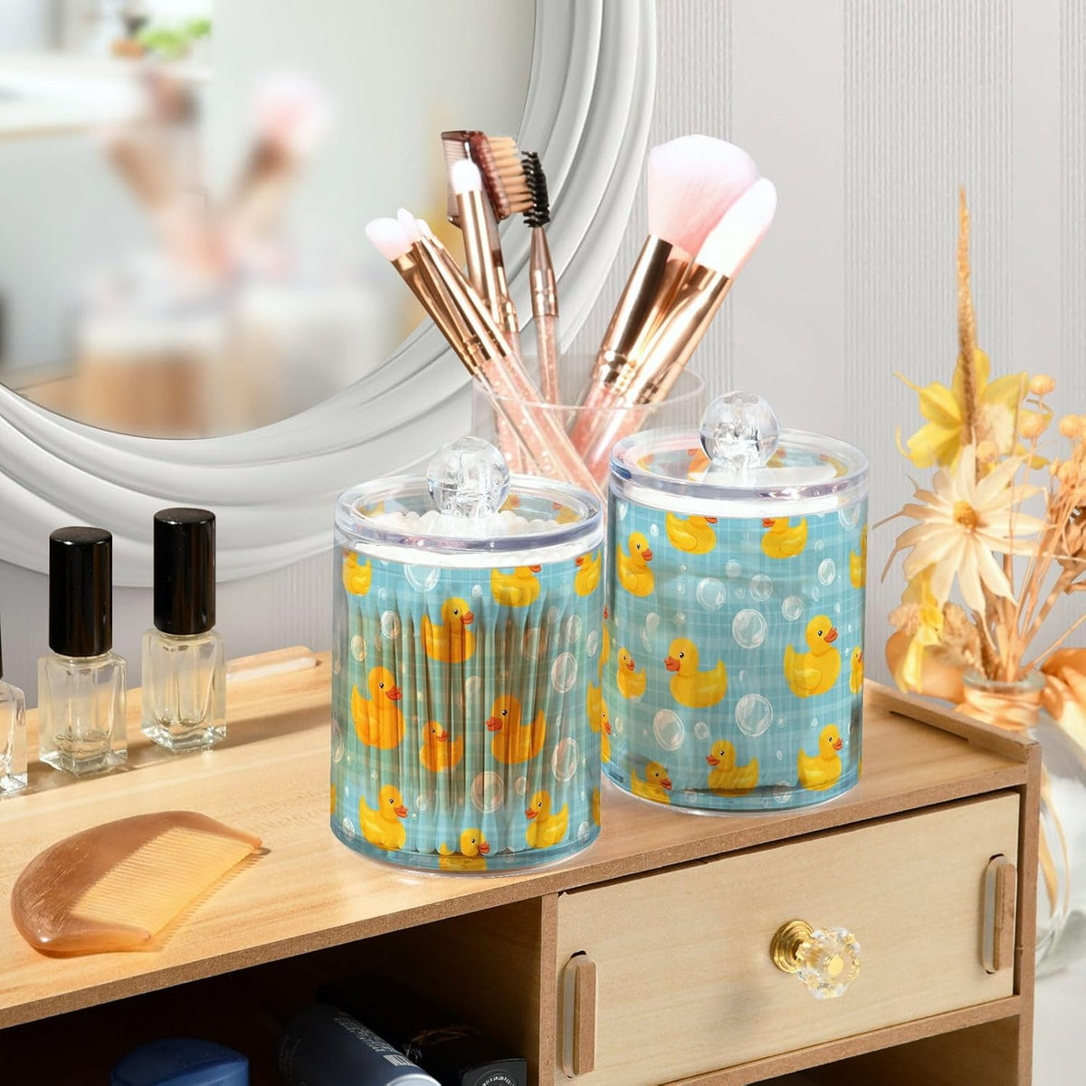 2 Pack Qtip Holder Dispenser Yellow Ducks Soap Bubbles Blue Apothecary Jars with Lids Dog Plastic Acrylic Bathroom Vanity Countertop Canister Storage Organizer for Cotton Ball,Swabs,Pads,Floss