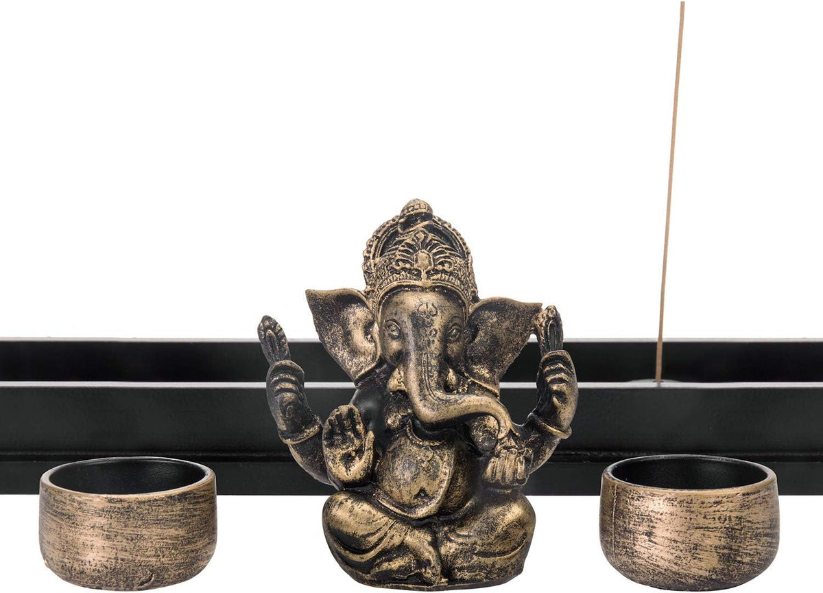 MyGift Mini Zen Garden with Ganesh Statue, Incense Stick Burner, Tealight Candle Holders, Decorative Rocks and Display Tray