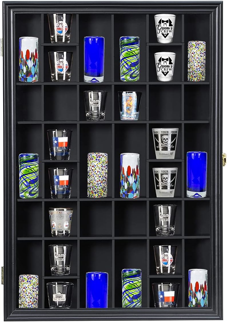 Shot Glass Storage Display Case 36-Slot Lockable Wooden Cabinet Rack Holder