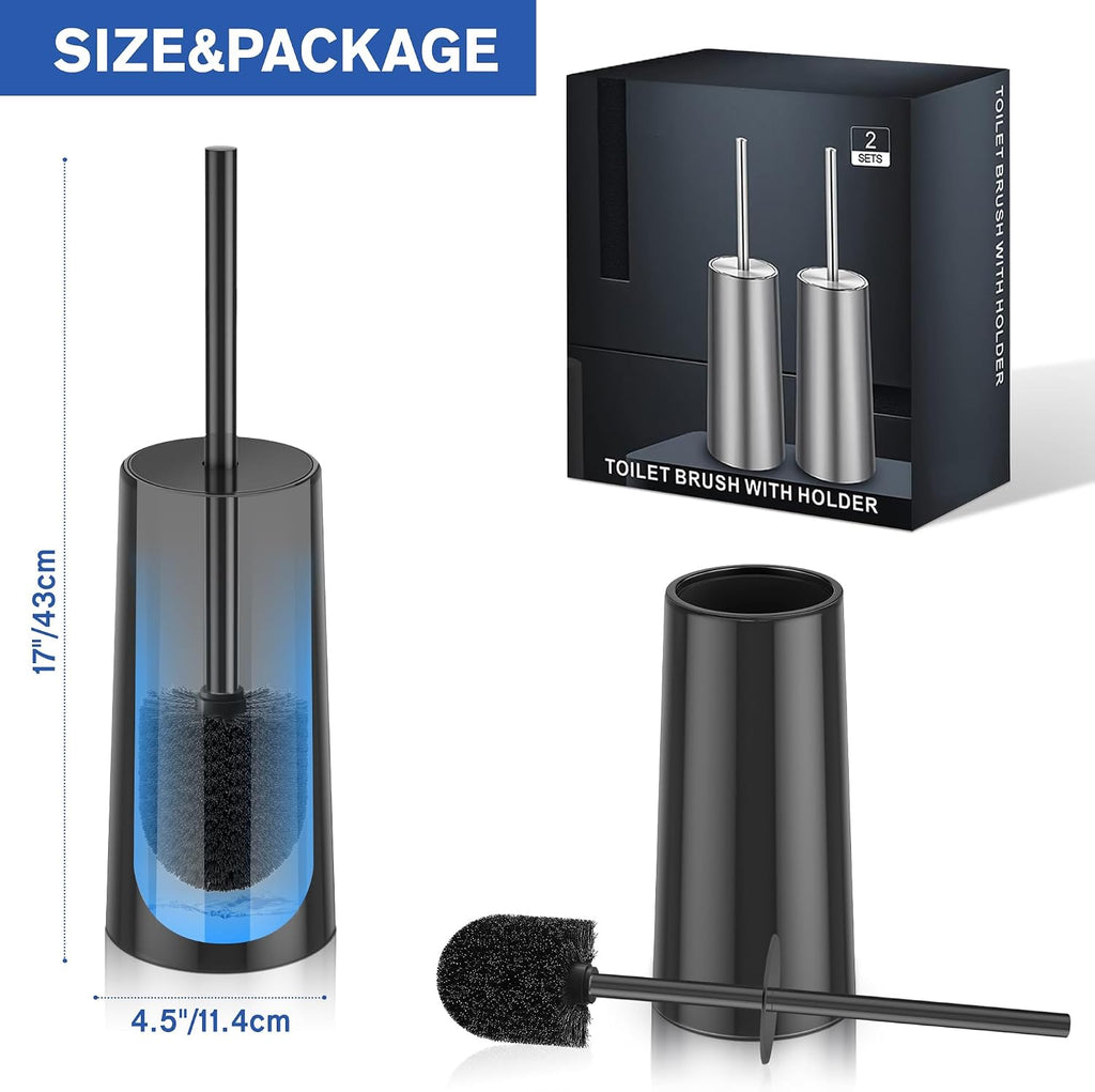 Toilet Brush and Holder, 2 Pack Toilet Brush Stainless Steel, Toilet Bowl Brush for Bathroom Toilet-Ergonomic, Elegant,Durable (Black)