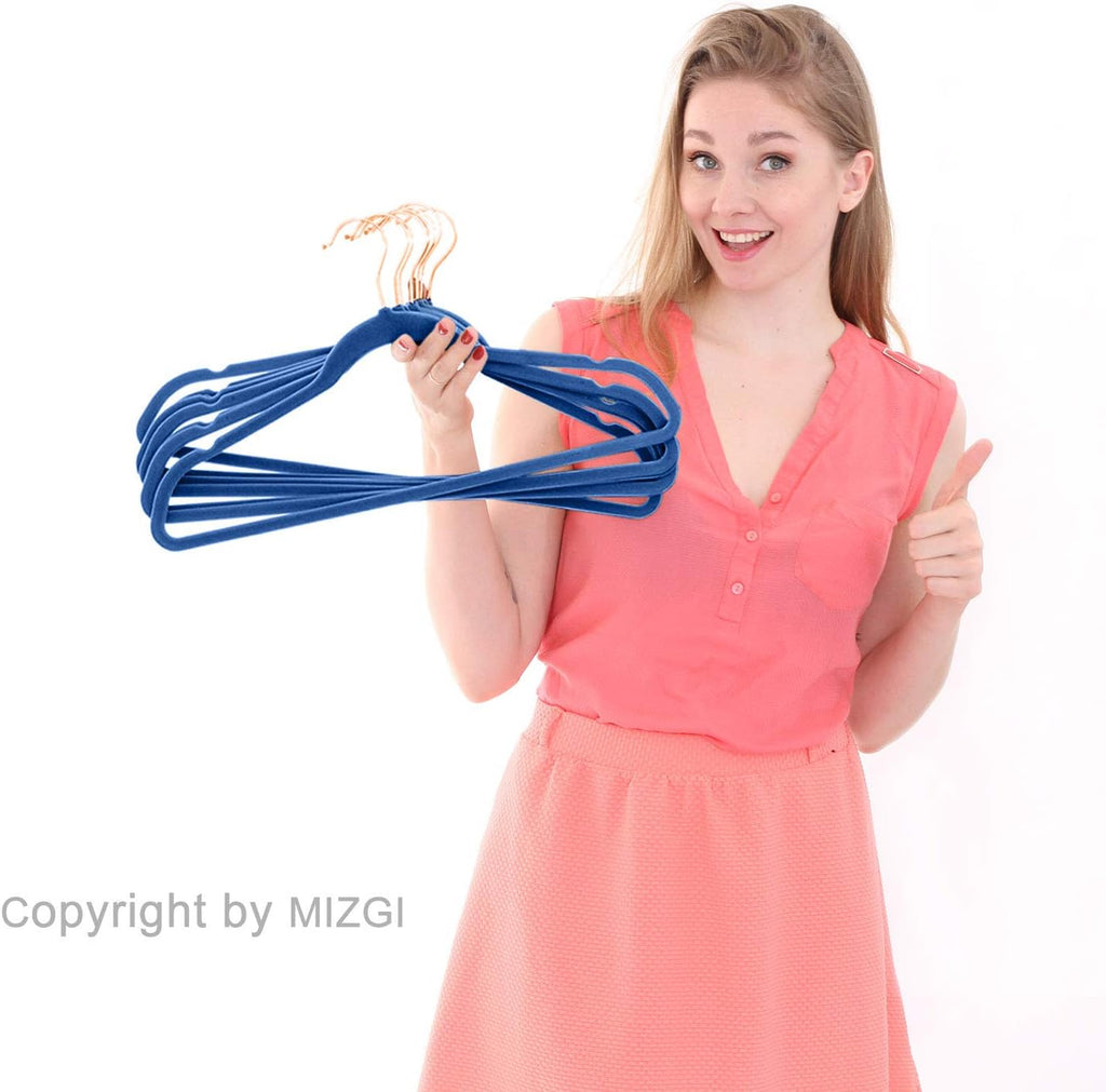 MIZGI Velvet Hangers 50 Pack Non Slip Mediterranean Blue Rose Gold Hooks