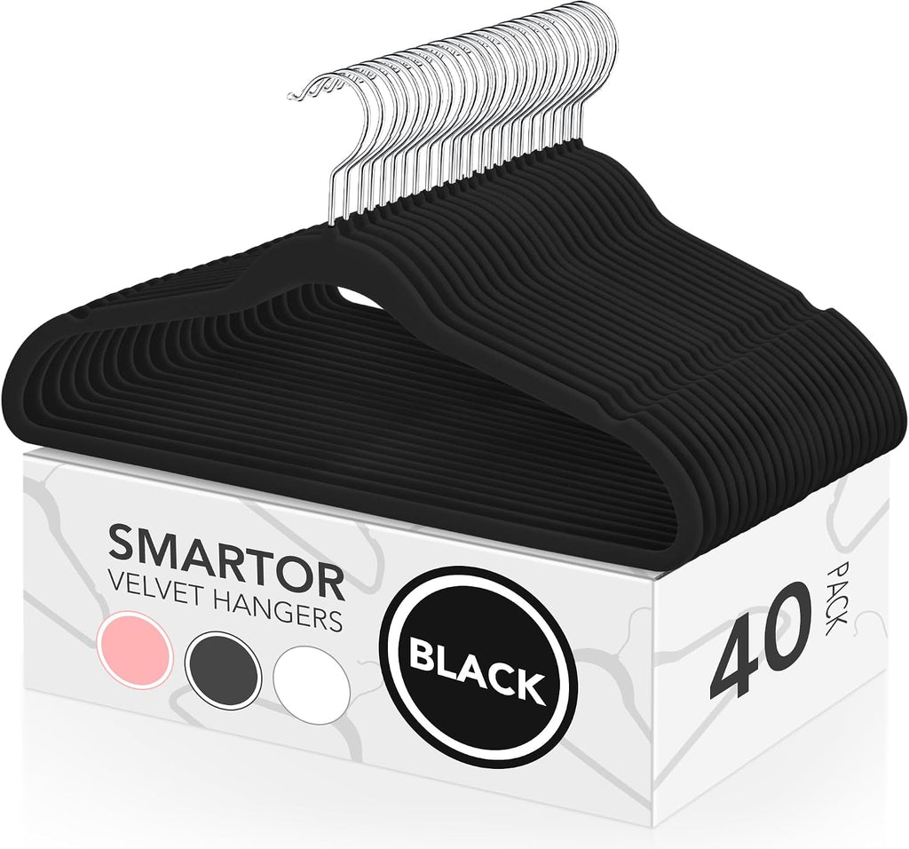 Black Velvet Hangers 40 Pack, Non Slip Felt Slim Hangers for Space Saving