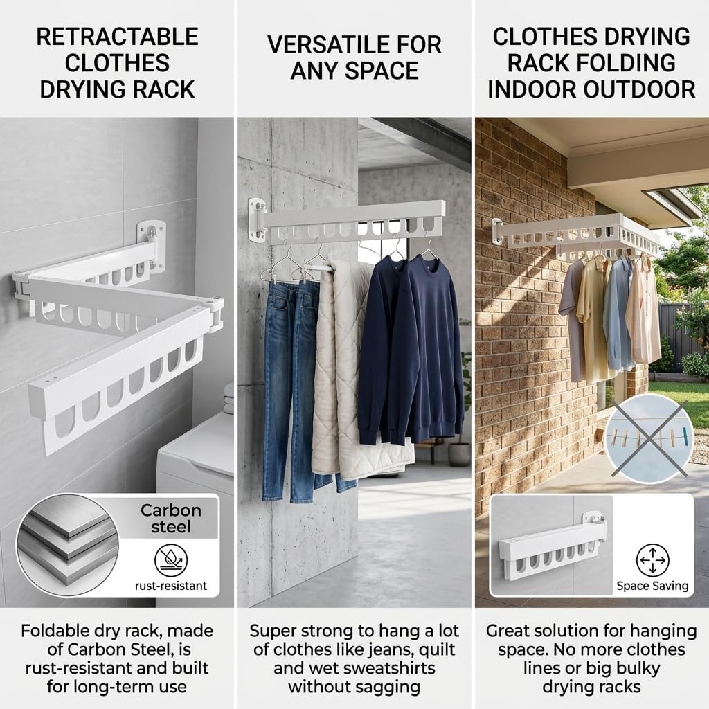 Retractable Wall Mounted Clothes Drying Rack, Rustproof Steel Drying Rack with 24 Hanging Holes, Space‑Saving Design for Apartments, Laundry Rooms, Balconies & RVs White
