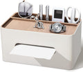 PU Leather Tissue Box Cover Rectangular with Storage Organizer, Multifunctional Remote Control Holder, Desk Organizer for Living Room, Bedroom, Office, Decorative Tissue Holder with Compartments Beige