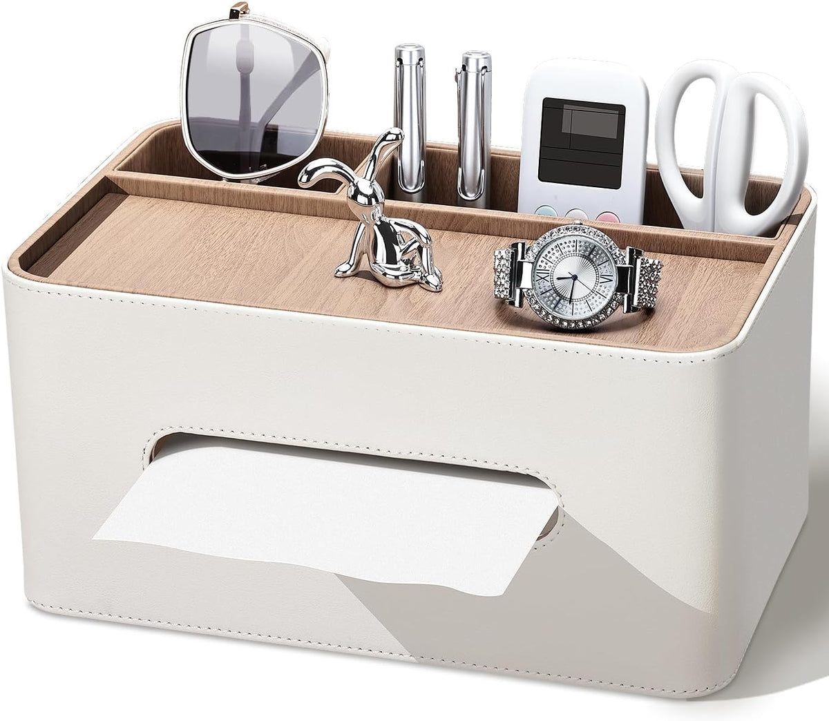 PU Leather Tissue Box Cover Rectangular with Storage Organizer, Multifunctional Remote Control Holder, Desk Organizer for Living Room, Bedroom, Office, Decorative Tissue Holder with Compartments Beige