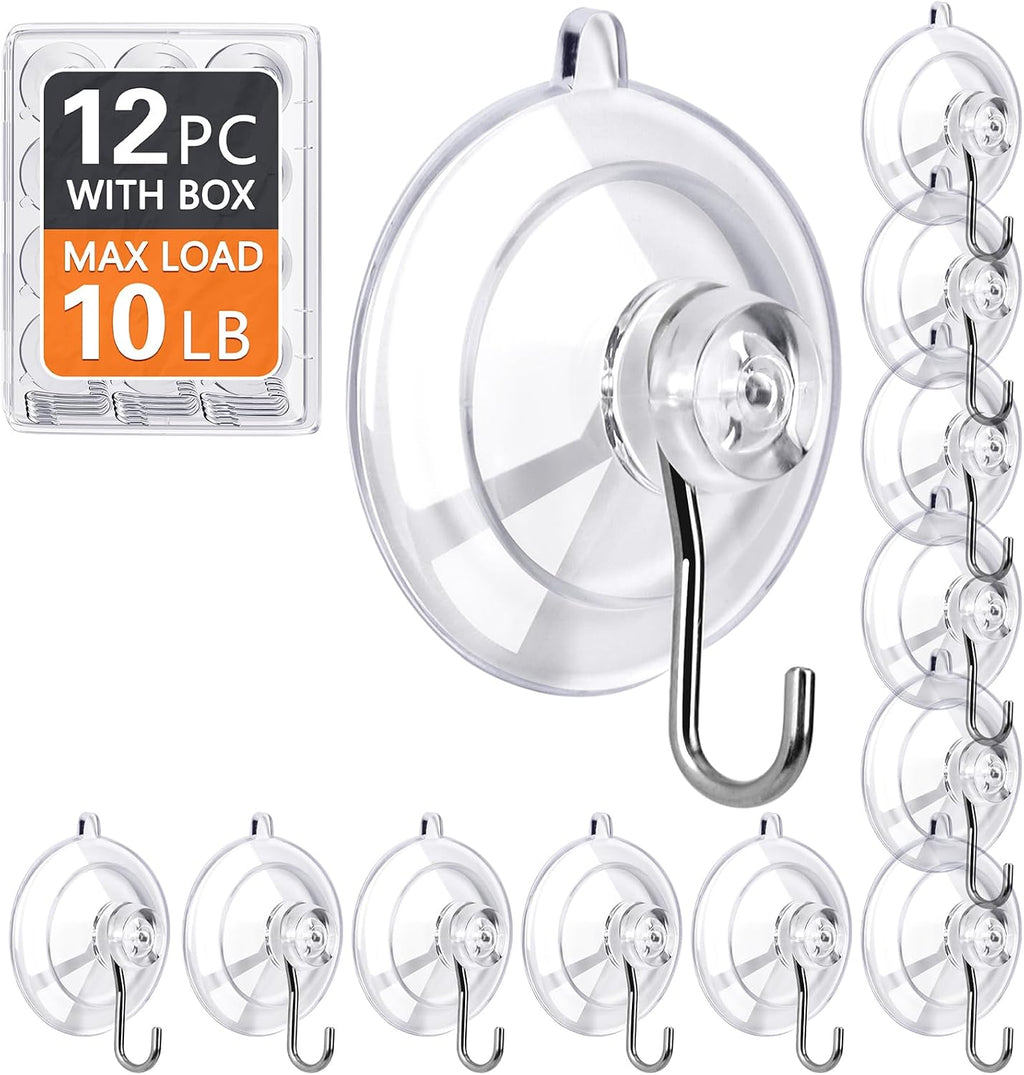 KORCCI Suction Cup Hooks 12Pack - Max Load 10LB, 1.77Inch Clear Medium Suction Cups, No Trace, Reusable & Removable, Stainless Steel Hooks, for Tile, Glass, Window, Shower, Kitchen, Bathroom