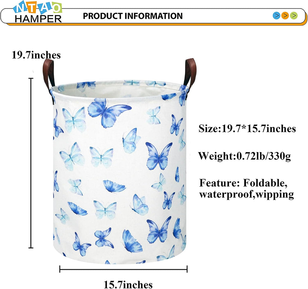 NTAOHAMPER Kids Laundry Hamper, Waterproof Storage Bin, Baby Nursery Hamper, Clothes Organizer, Toys Bin, Room Decor(Blue Butterfly)