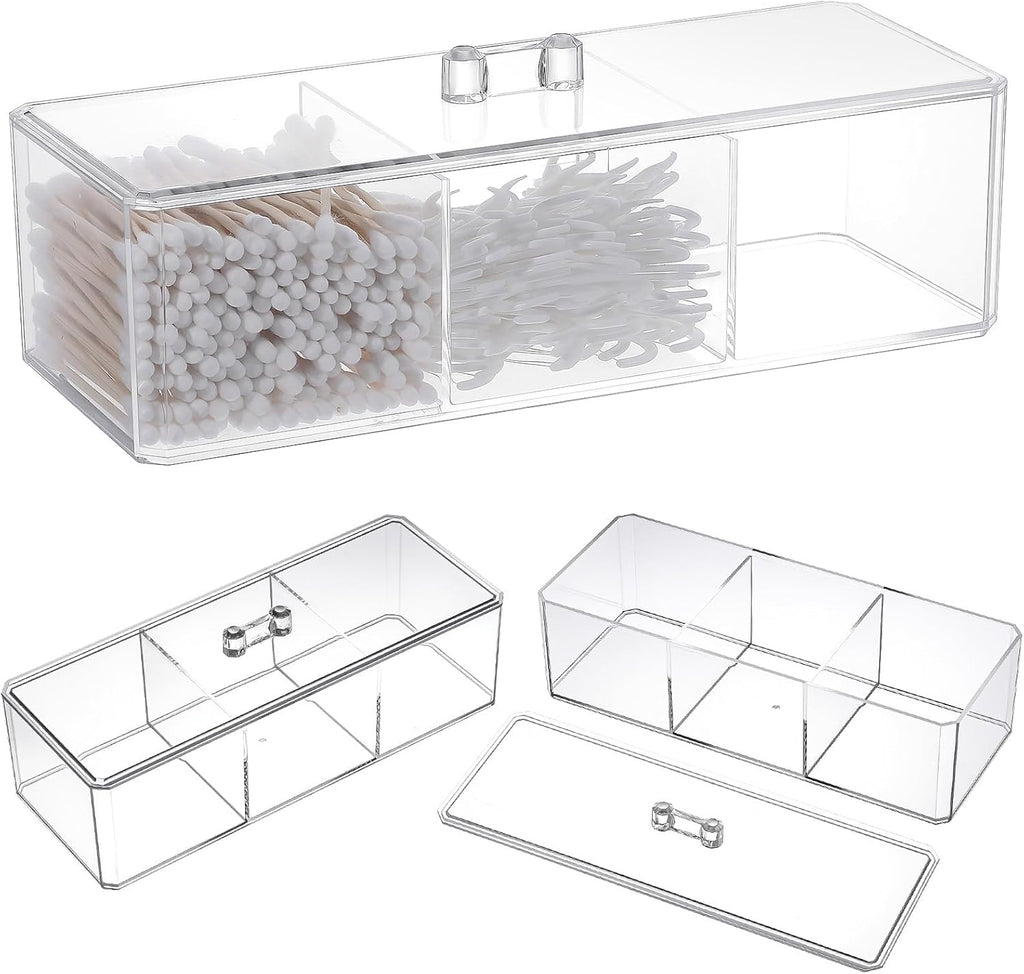 3 Pack Clear Acrylic Organizer with Lid, 3 Compartments Cotton Ball and Swab Holder Jar, Waterproof Bathroom Storage Containers for Vanity, Makeup Pads, Cosmetics, 8.94x3.54x2.56 Inch