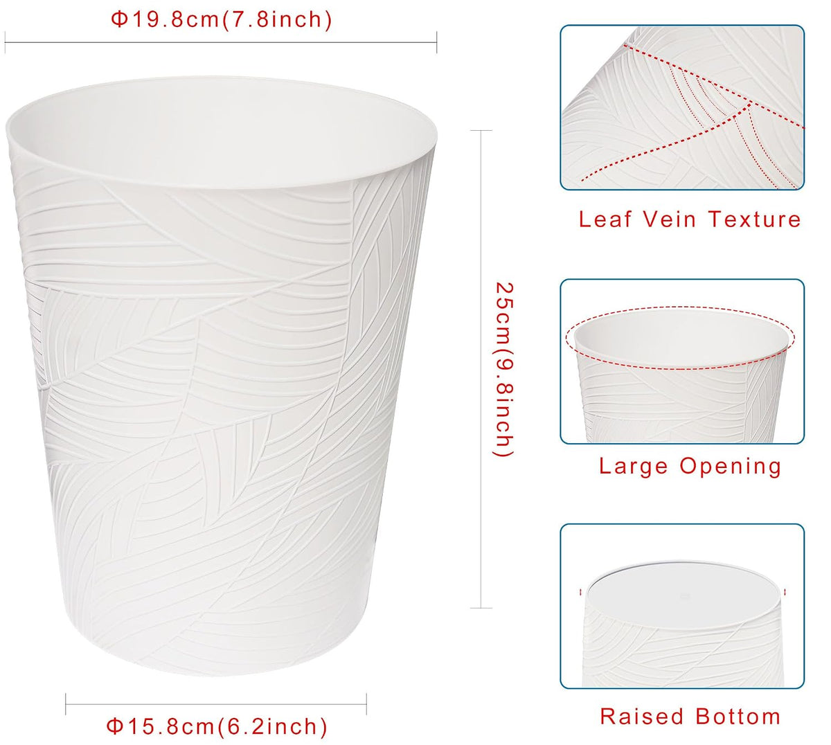 1.8 Gallons Small Trash Can, Decorative Wastebasket, Modern Leaf Pattern Design, Polypropylene Trash Can for Bathroom, Bedroom, Office (1, White)
