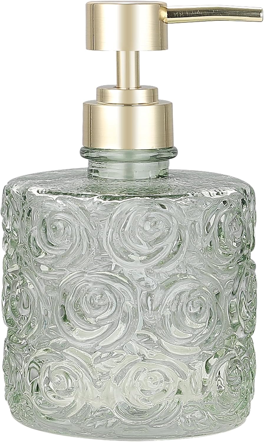 Marcella Glass Soap Dispenser with Soap Pump, Refillable 14 Ounce Capacity, Floral Design Rose Patterns, Heavy Weight Thick Glass for Bathroom, Premium Kitchen Soap Dispenser Reseda Sage