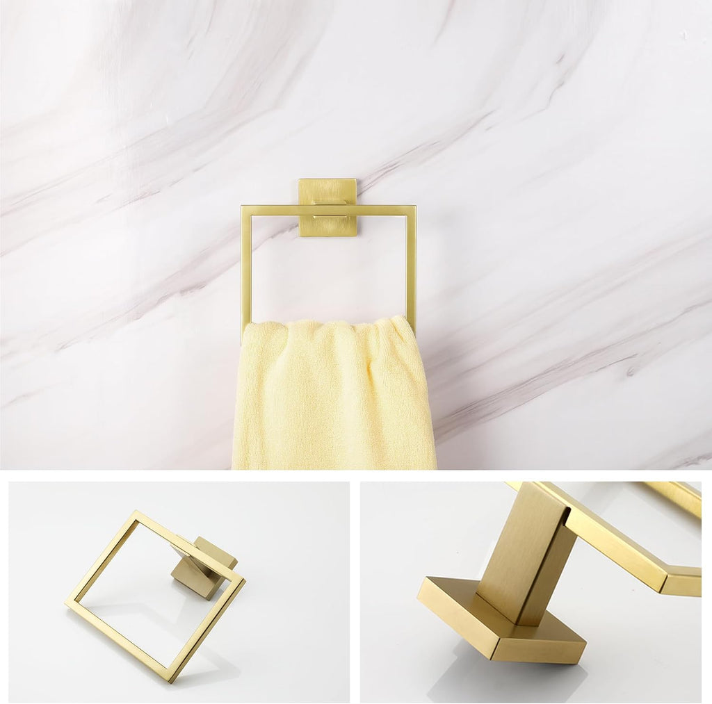 LANC Hand Towel Rings for Bathroom Wall Mount Brushed Gold Square Hand Towel Holder for Bath Kitchen Lavatory SUS304 Stainless Steel Contemporary Style Shower Towel Towel Racks Hanger, A8896BG
