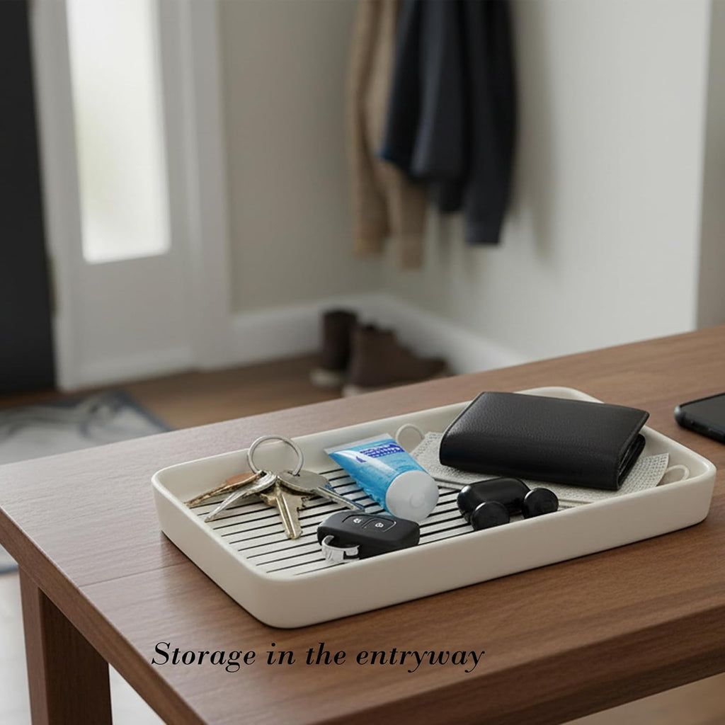 10"×6"×1" White Bathroom Vanity Tray for Countertop- Ceramic Decorative Organizer Tray for Dresser Tops, Toilet, Perfume, Sponge Holder Soap Dish Dispenser for Kitchen Counter- Black Stripes