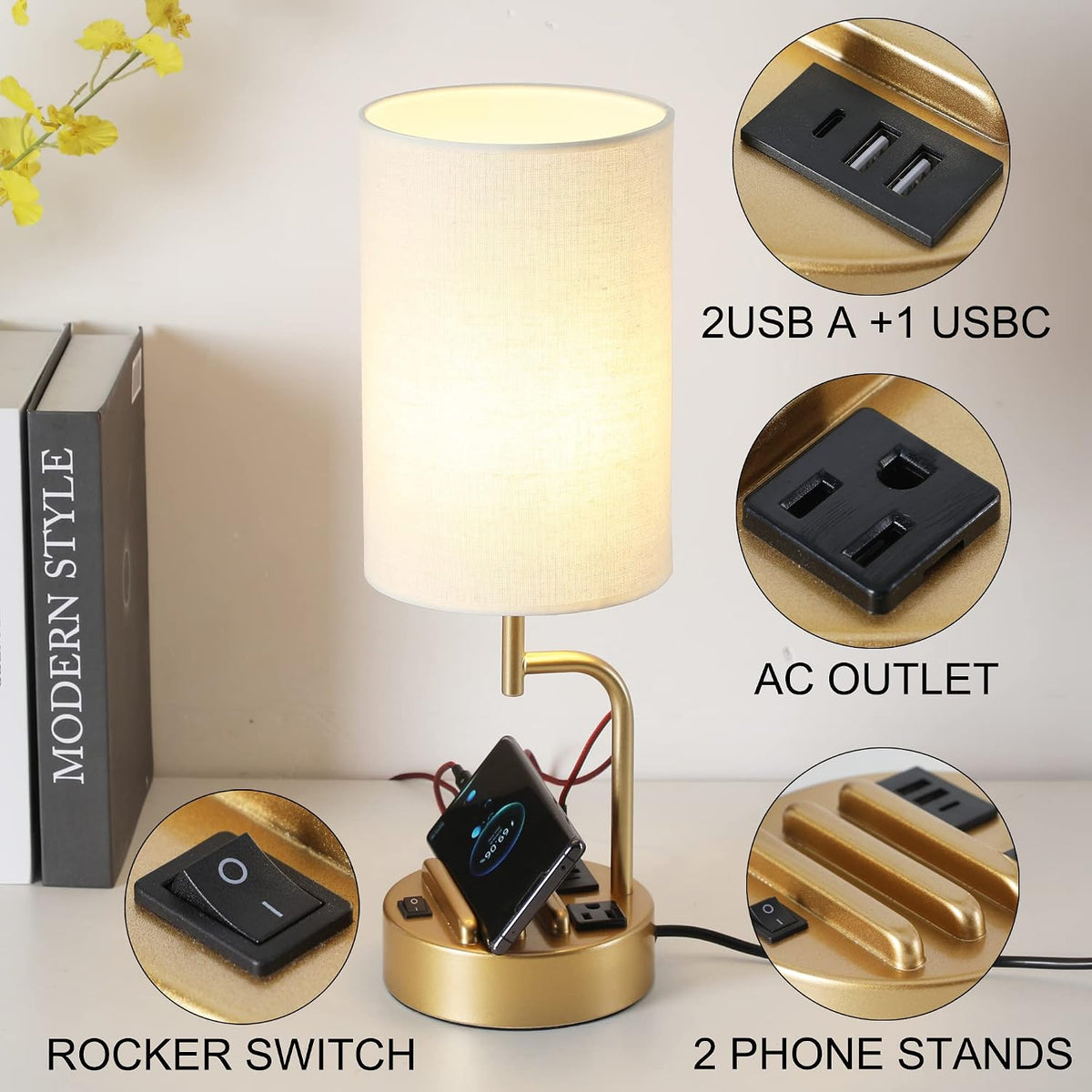 Dreamholder Table Lamp with 3 USB Charging Ports, Modern Desk Lamp with AC Outlet and Phone Stands, Perfect Bedside Lamp for Bedroom, Living Room, Office (Pack of 2), Gold