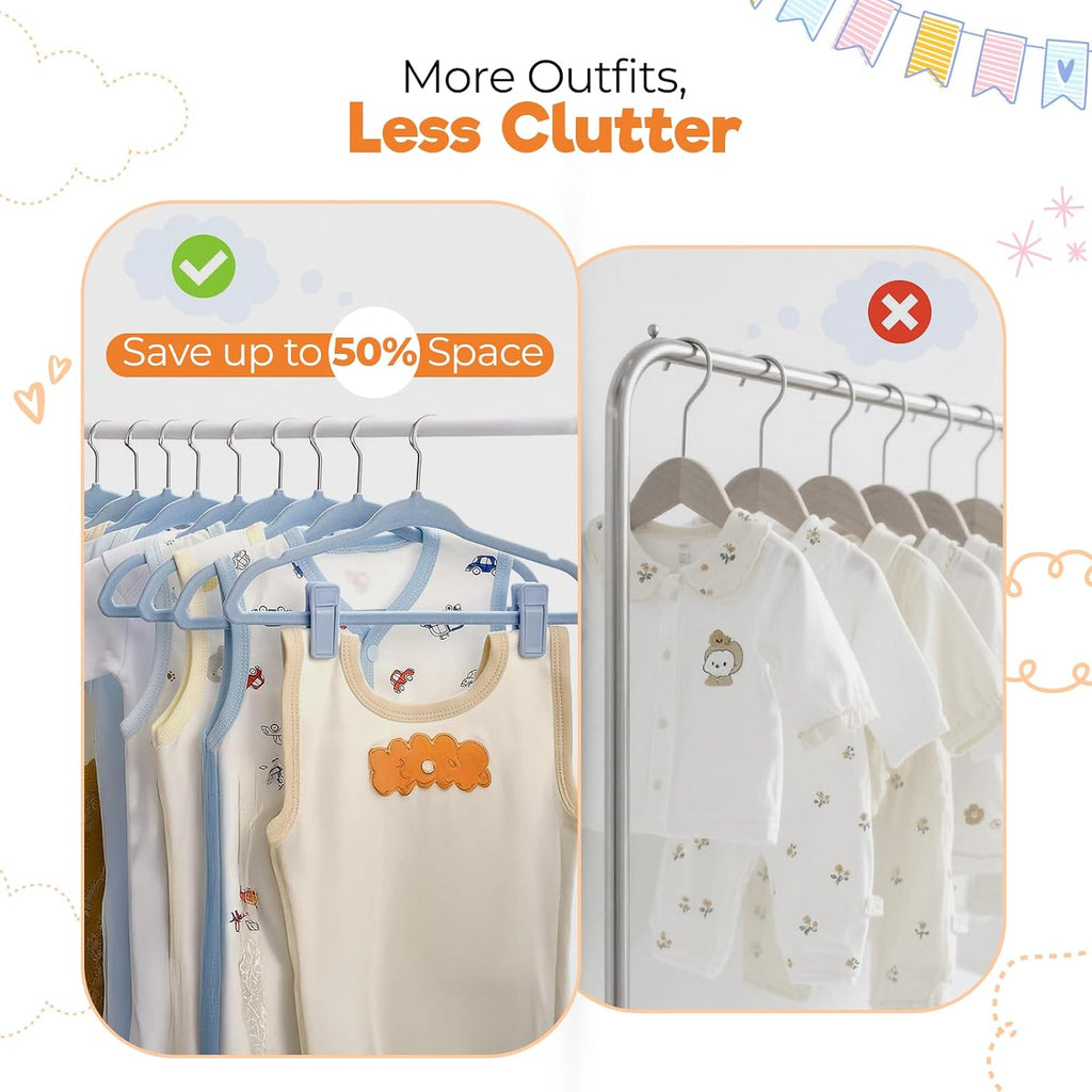 Babyrish Velvet Baby Hangers with 10x Clips and 8X Dividers (30 Pack) | 11” Ultra-Slim Baby Clothes Hangers | Non-Slip Felt | Space-Saving Nursery & Infant Closet Organizer | Blue
