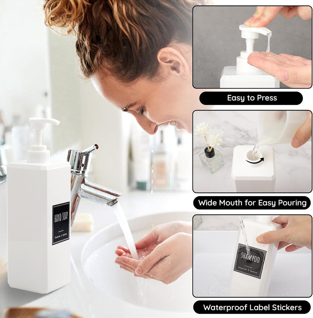 Segbeauty 33.8oz Plastic Soap Dispenser Bathroom, 2pcs Sqaure Body Wash Container Empty, 1000ml White Leakproof Hand Soap Dispenser, Large Pump Bottles for Shampoo and Conditioner with Labels